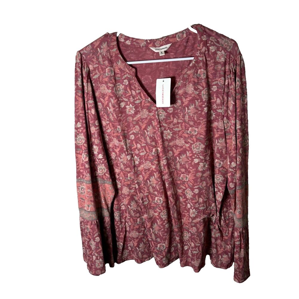 Lucky Brand Blouse Women's XL V-Neck Long Sleeve Floral Boho Casual Top Shirt